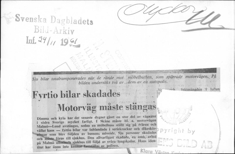 Two of the seven fully trampled cars are being investigated by a state police after they ran towards a furniture bus that blocked the highway - Vintage Photograph