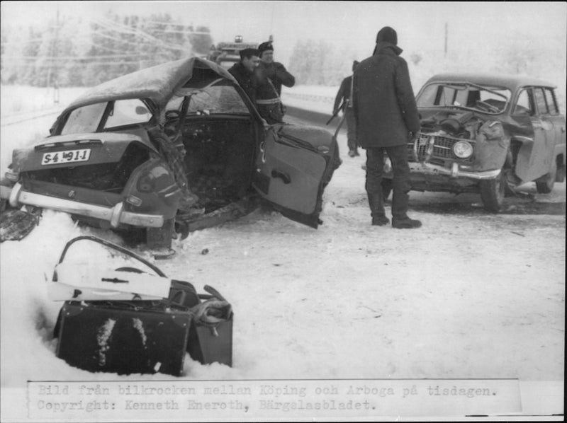 Hardly injured passenger cars after a collision at low road - Vintage Photograph