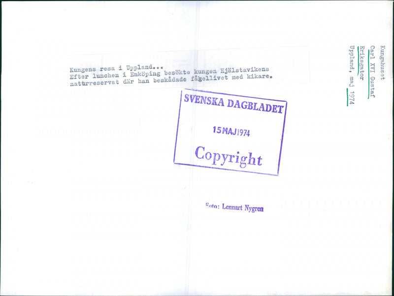 King Carl XVI Gustaf views the bird life with a binoculars in HjÃ¤lstavikens nature reserve during his Eriksgata 1974 - Vintage Photograph