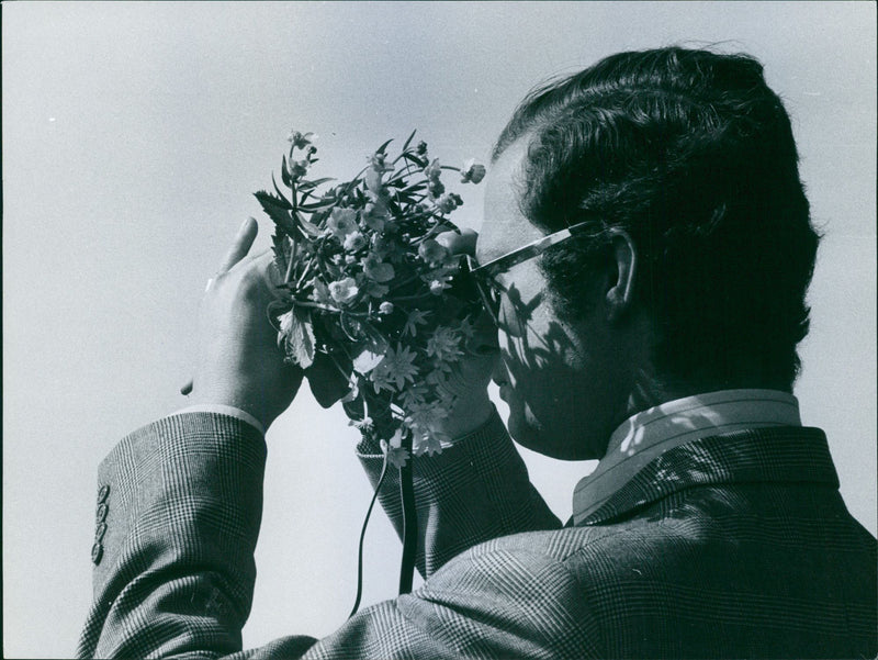 King Carl XVI Gustaf views the bird life with a binoculars in HjÃ¤lstavikens nature reserve during his Eriksgata 1974 - Vintage Photograph