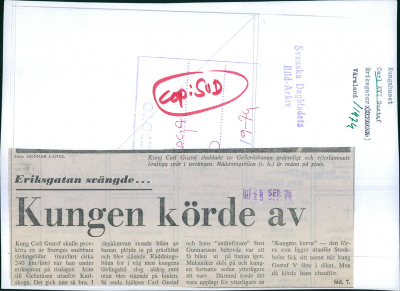 King Carl Gustaf skidded off GellerÃ¥sbanan properly and left strong traces in the terrain after the test drive of Sweden faster race cars - Vintage Photograph