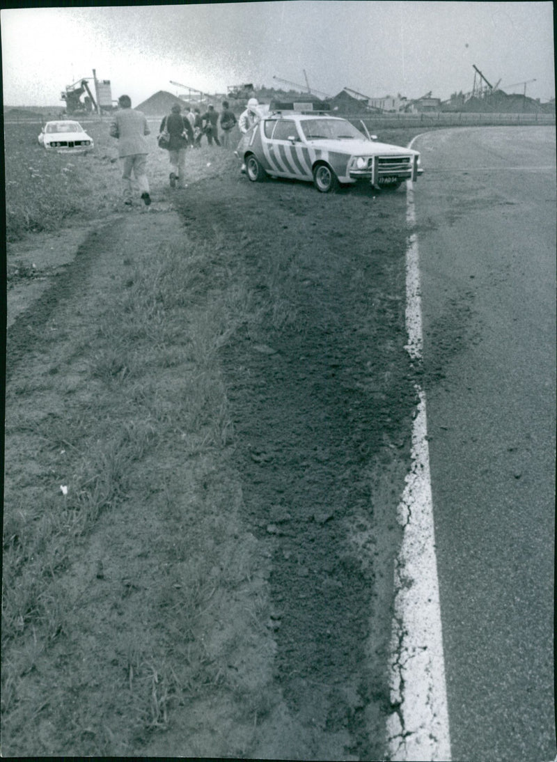 King Carl Gustaf skidded off GellerÃ¥sbanan properly and left strong traces in the terrain after the test drive of Sweden faster race cars - Vintage Photograph