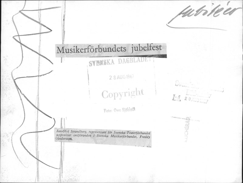 Swedish Music Association&#39;s chairman. Freddy Andersson is being watched by the Swedish Theater Association Jan-Olof Strandberg at the Music Association&#39;s anniversary celebrations - Vintage Photograph