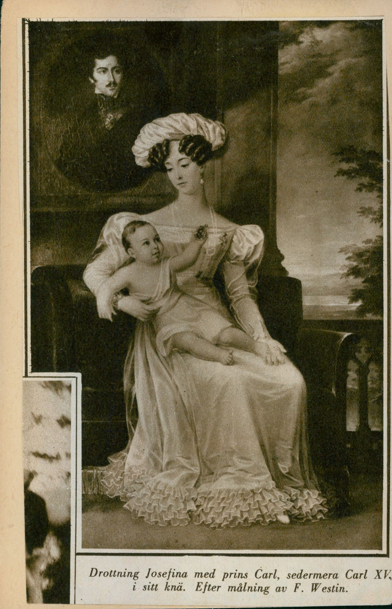 The painting by F. Westin imagine Queen Josefina with her son, Prince Charles, later Charles XV. - Vintage Photograph