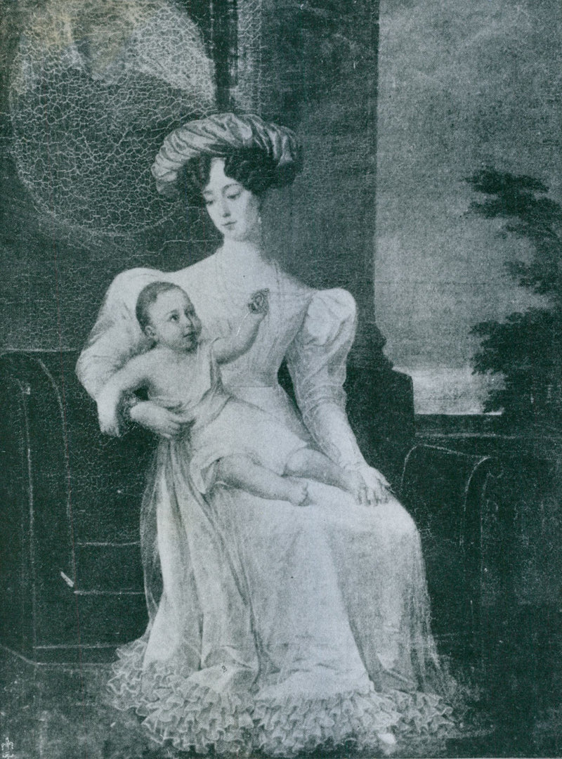 The painting by F. Westin imagine Queen Josefina with her son, Prince Charles, later Charles XV. - Vintage Photograph