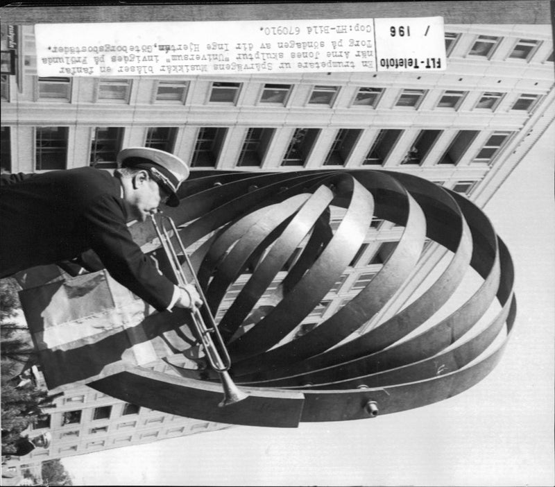 A trumpeter from the Tram&#39;s music year blows a grandfather at the inauguration of Arne Jones&#39;s sculpture &quot;Universe&quot; on FrÃ¶lunda square - Vintage Photograph