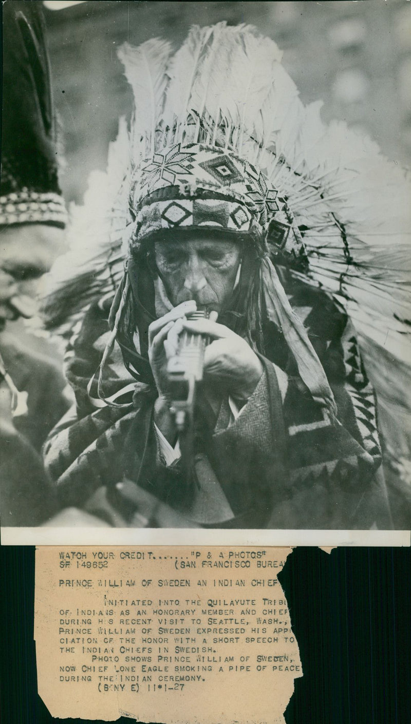 Prince William wearing a headdress of America's indigenous people - 11 January 1927 - Vintage Photograph