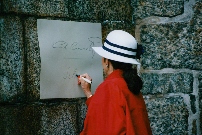 Queen Silvia writes signature at Eriksgata in Vaxholm - Vintage Photograph