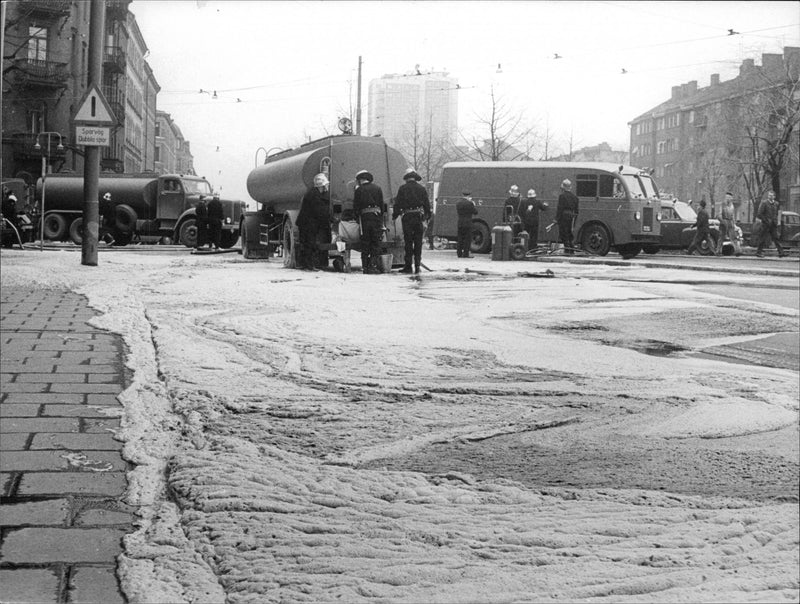 4000 liters of flammable aviation gas ran out all over Valhallavägen after a tanker was hit by a truck - Vintage Photograph