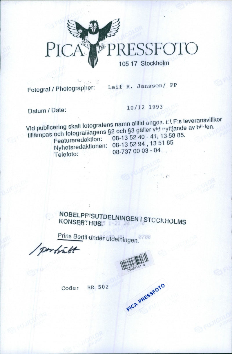 Prince Bertil during the Nobel Prize Awards in Stockholm Concert Hall - Vintage Photograph