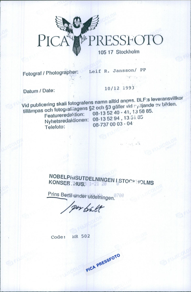 Prince Bertil during the Nobel Prize Awards in Stockholm Concert Hall - Vintage Photograph