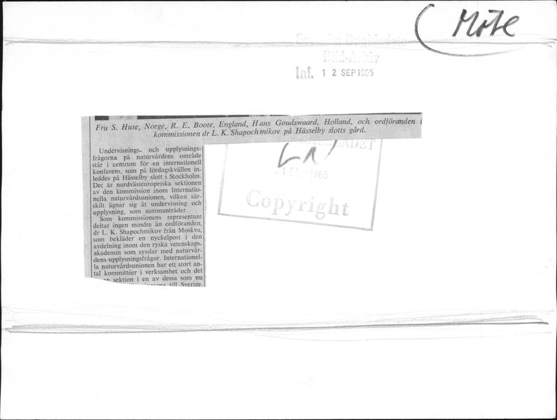 HÃ¤sselby Castle holds a seminar in nature conservation, a representative is Dr. Shapochmikov from Moscow - Vintage Photograph