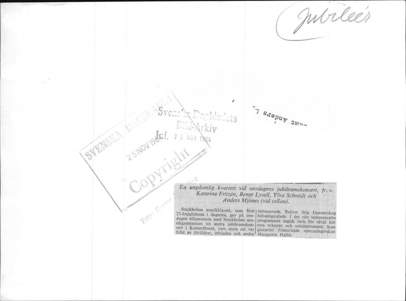 Youthful Quartet at the Jubilee Concert, cf. Katarina FritzÃ©n, Bengt Lysell, Ylva Schmidt and Anders MjÃ¶nes - Vintage Photograph
