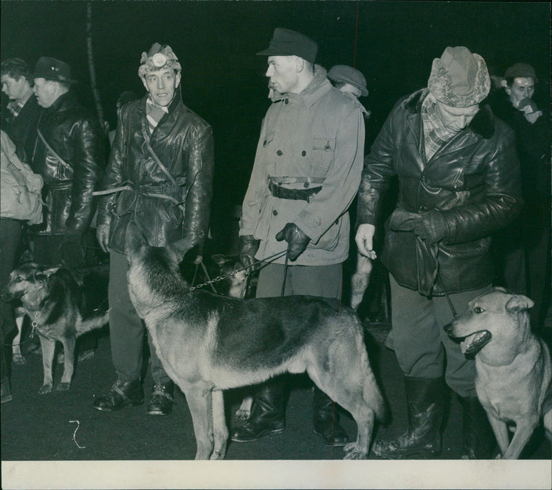 People search party with dogs gathered at Högdalens subway station. - Vintage Photograph