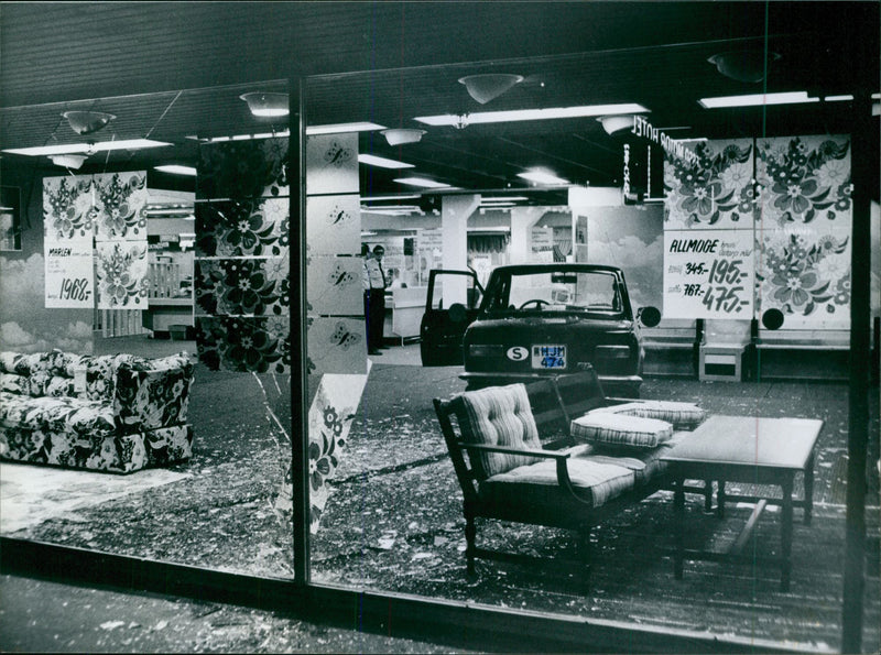 Robber at IKEA crashes into windows with Fiat cars - Vintage Photograph