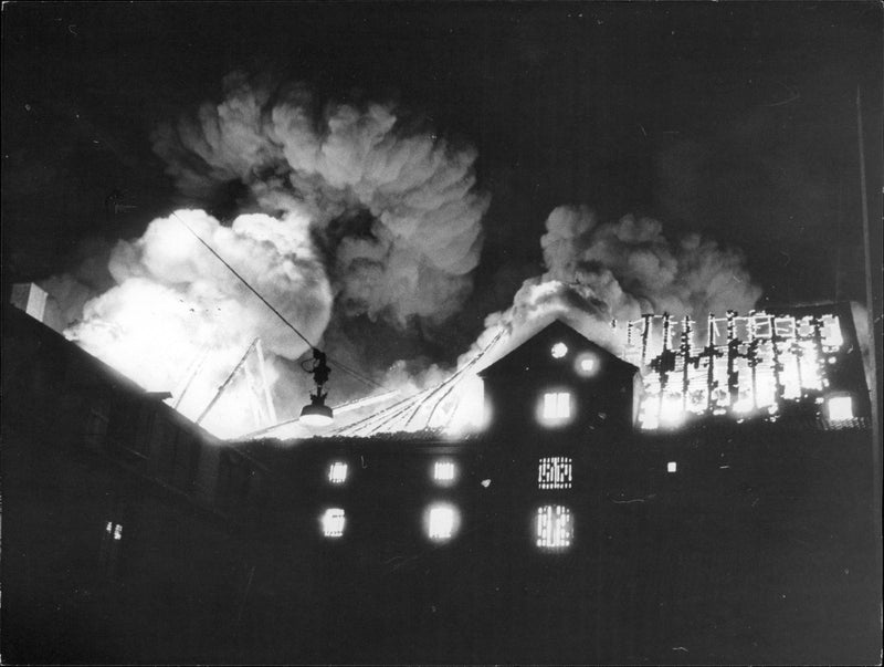Kongens gate structure on fire landscaped by pyromaniac in Copenhagen - Vintage Photograph