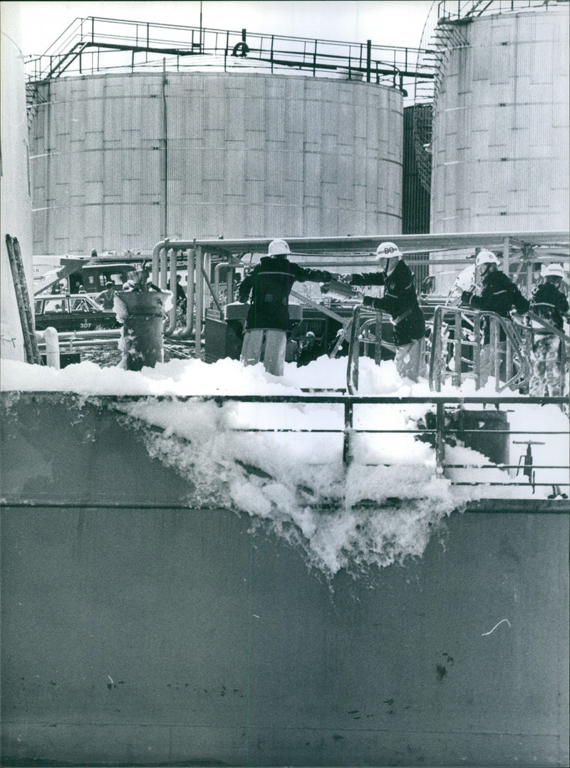 Firemen fill the tanker &quot;Lana&quot; with foam after a heavy explosion - Vintage Photograph