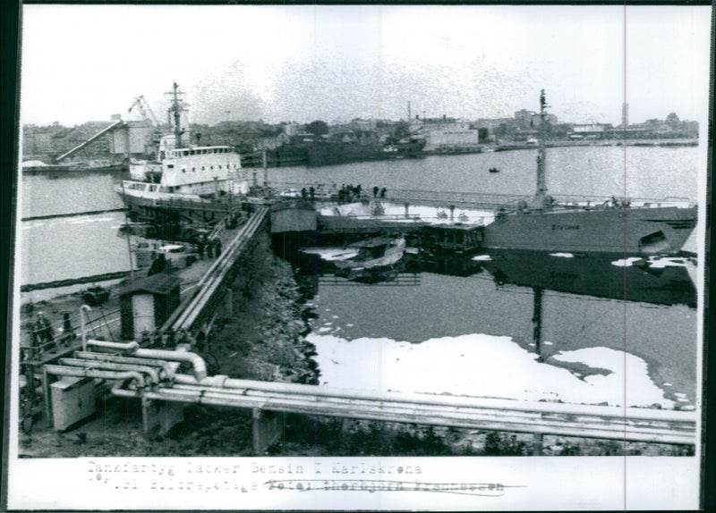 The tanker Sivona of Vrångö is leaking petrol in Karlskrona Oljehamn - Vintage Photograph