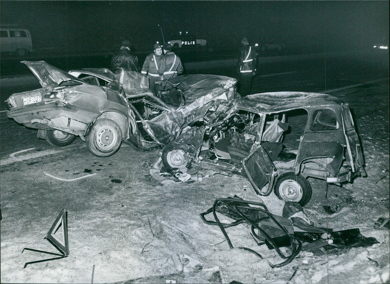 Violent collision between two passenger cars on the E4 near Rönninge traffic jam - Vintage Photograph