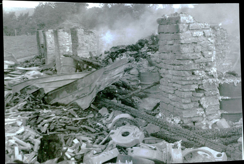 Engine parts were scattered everywhere after the fire in Volvo Penta's plant - Vintage Photograph