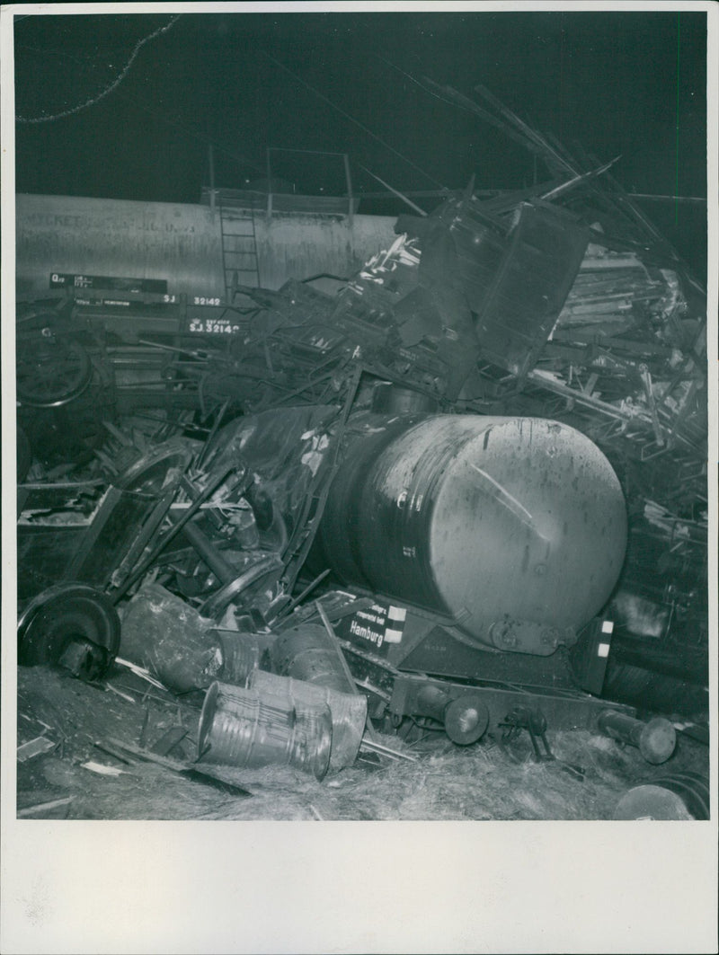 The ten wagons, including some empty tank wagons, were thrown pell-mell at the derailment. - Vintage Photograph