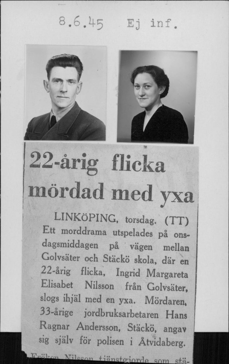 Ingrid Margareta Elisabet Nilsson is murdered with an ax - 8 June 1945 - Vintage Photograph