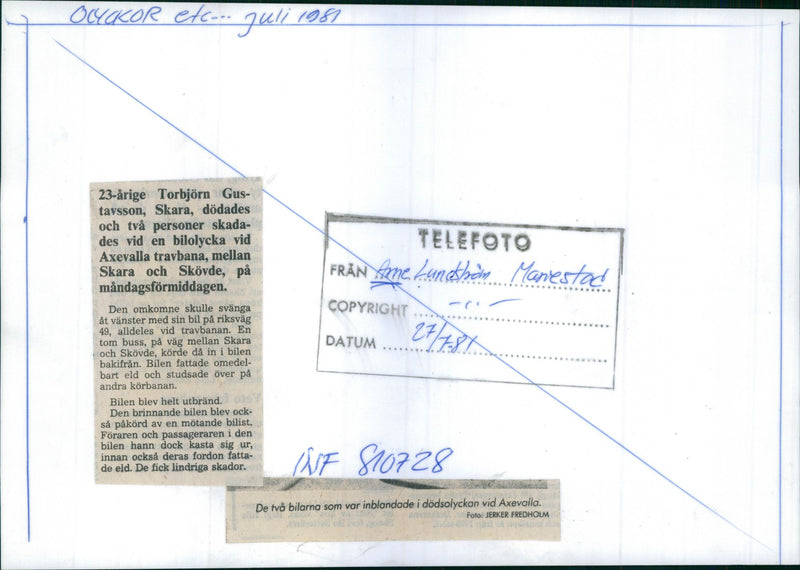 Two cars after head-on collision at Axevalla racetrack. - Vintage Photograph