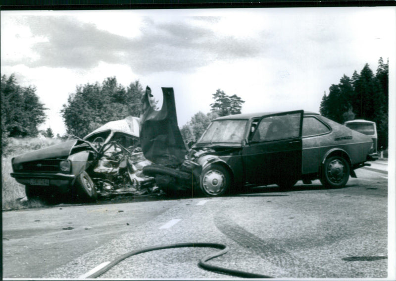 Two cars after head-on collision at Axevalla racetrack. - Vintage Photograph