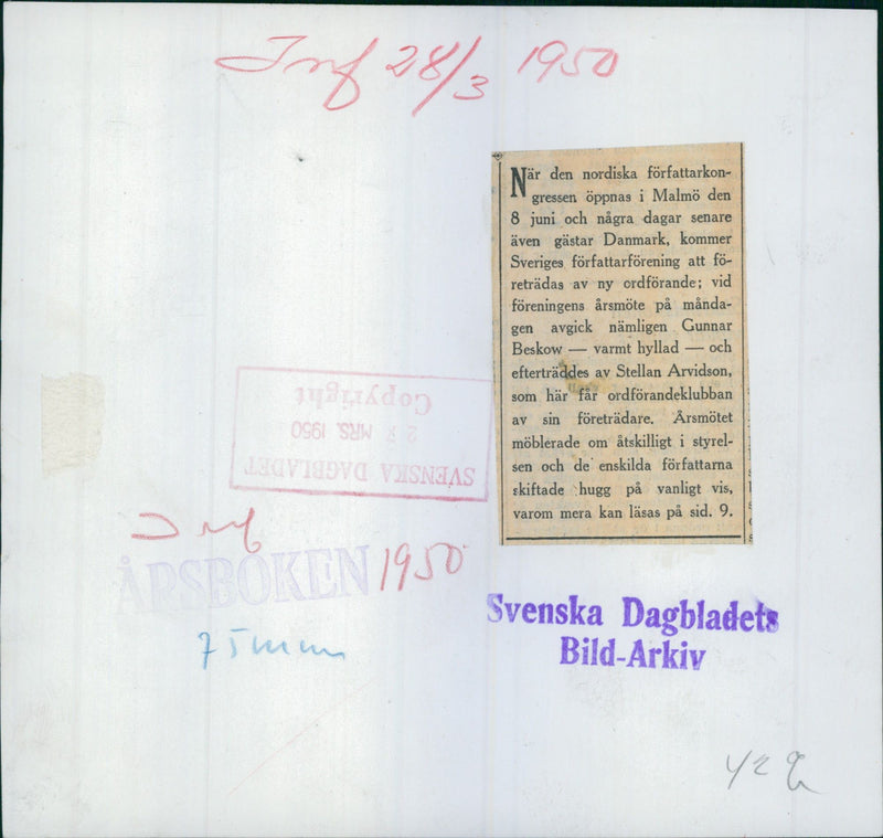 Gunnar Beskow handing over the gavel to Stellan Arvidsson in the Swedish Writers' Association annual meeting. - Vintage Photograph