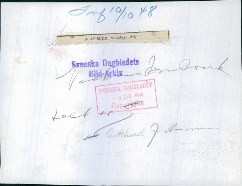 Olaf Rude: Landscape, 1947. One of the paintings at the Danish art exhibition. - 10 October 1948 - Vintage Photograph