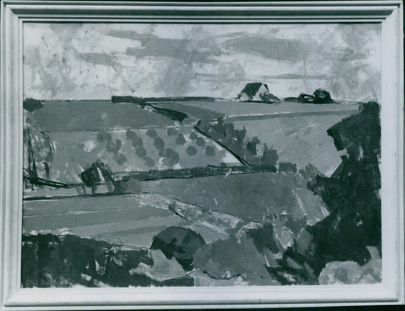 Olaf Rude: Landscape, 1947. One of the paintings at the Danish art exhibition. - 10 October 1948 - Vintage Photograph