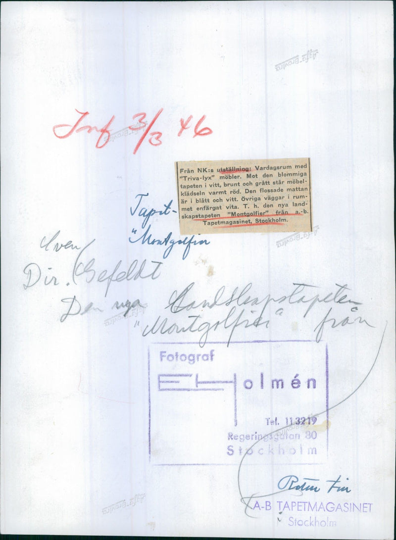 Landscape wallpaper "Montgolfier" from AB Wallpaper magazine at the exhibition at NK. - 3 March 1946 - Vintage Photograph