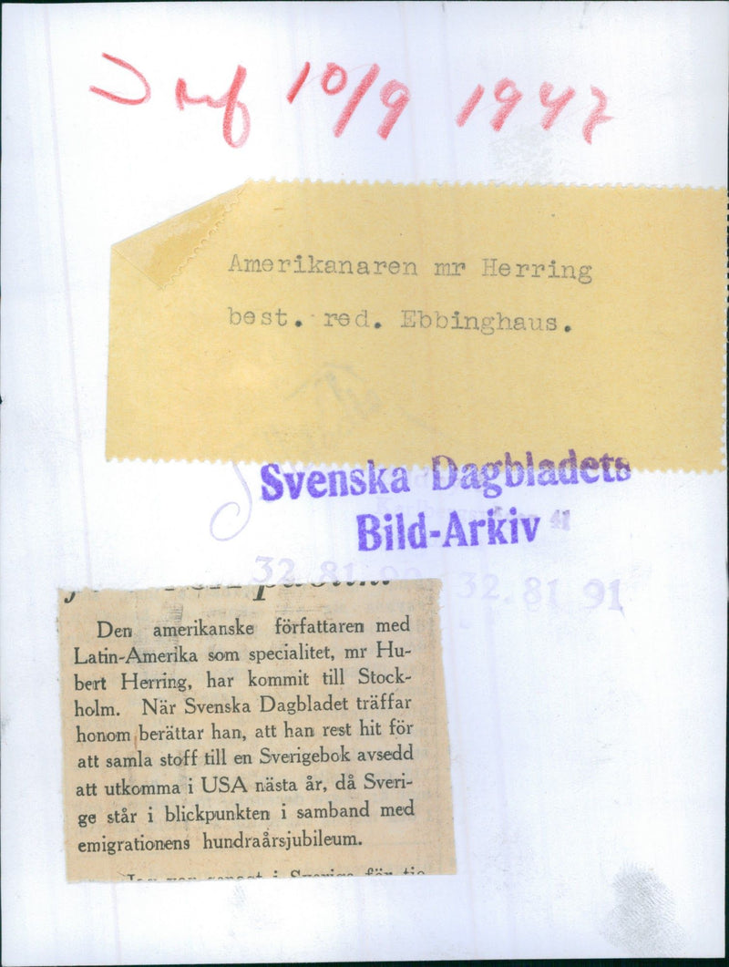 American writer Mr. Hubert Herring on Stockholm visit. - 10 September 1947 - Vintage Photograph