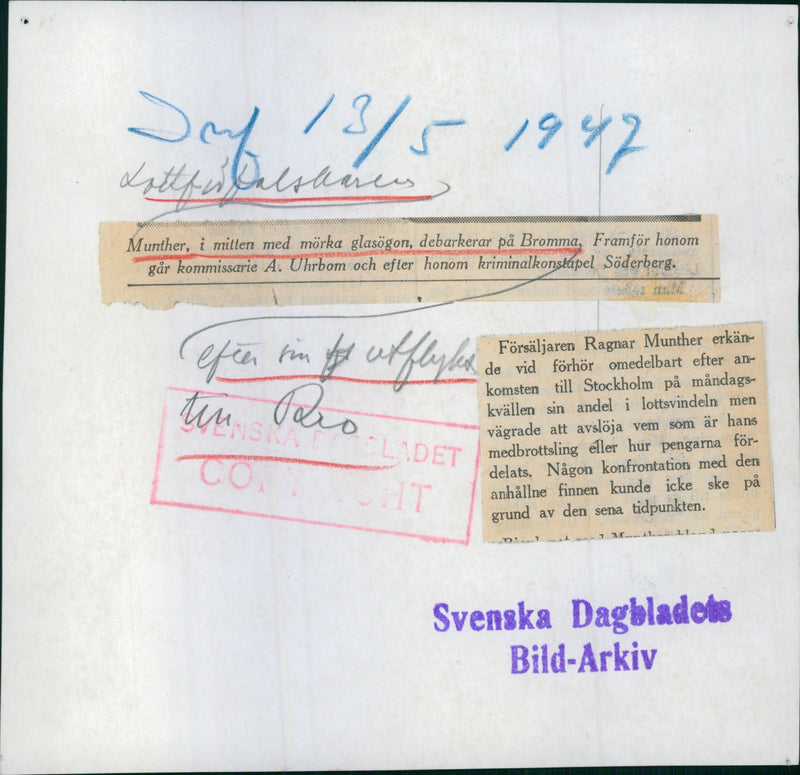 The lottery writer Munther, in dark glasses, debuts at Bromma. - 13 May 1947 - Vintage Photograph