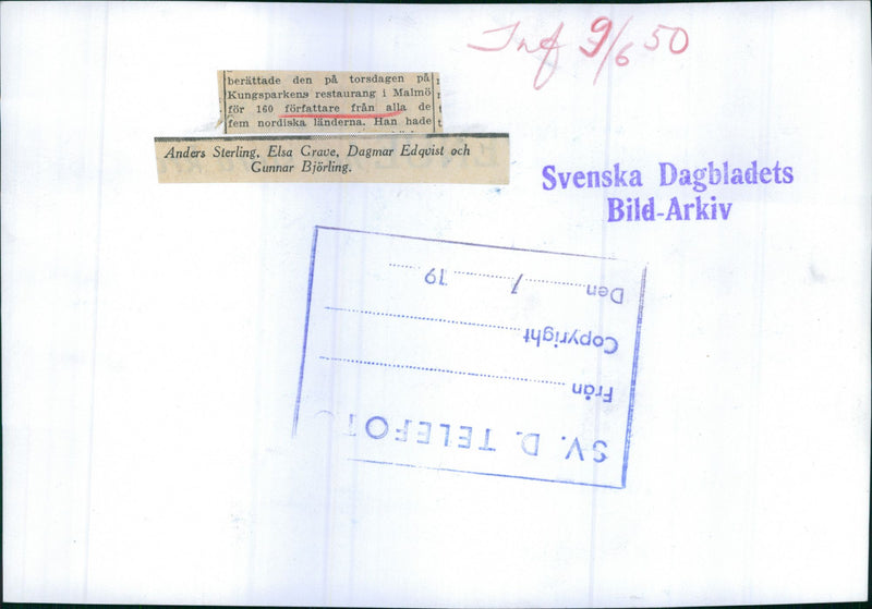 Writers' Congress in Malmo. Anders Sterling, Elsa Grave, Dagmar Edqvist and Gunnar BjÃ¶rling - Vintage Photograph