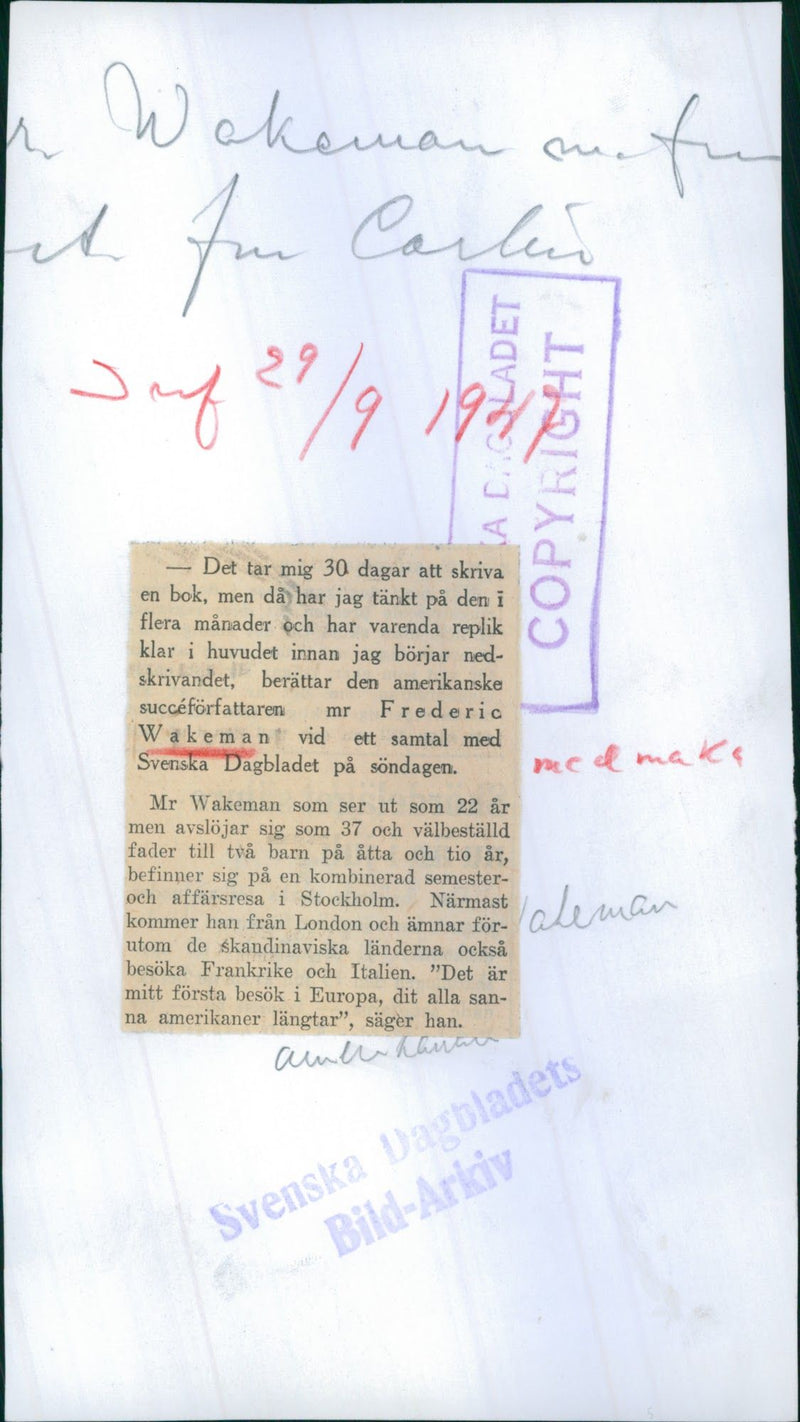 American writer Frederic Wakeman with wife on a combined vacation and business trip in Stockholm. - 29 September 1947 - Vintage Photograph