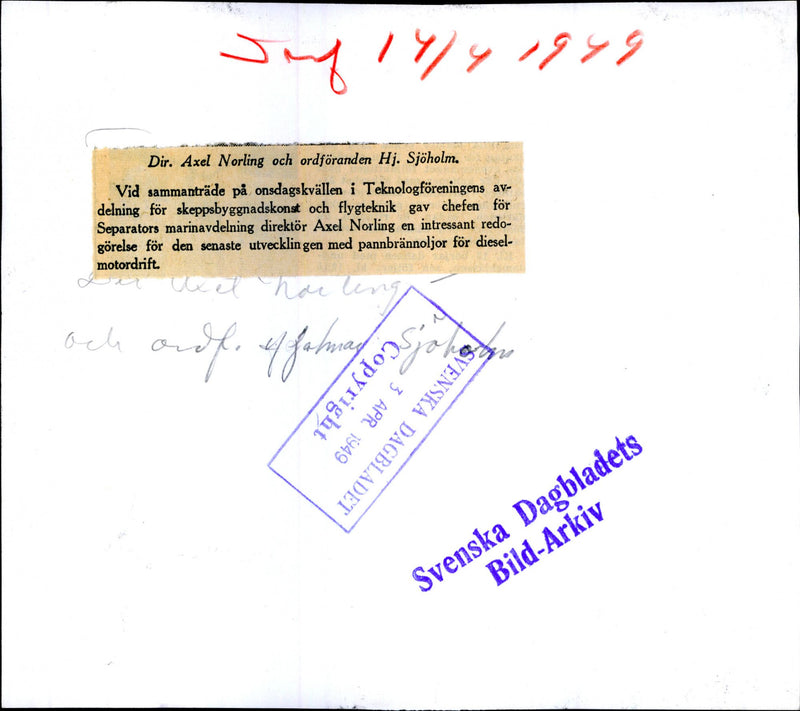 Dir. Axel Norling and the chairman Hj. SjÃ¶holm at the meeting of the Technology Association&