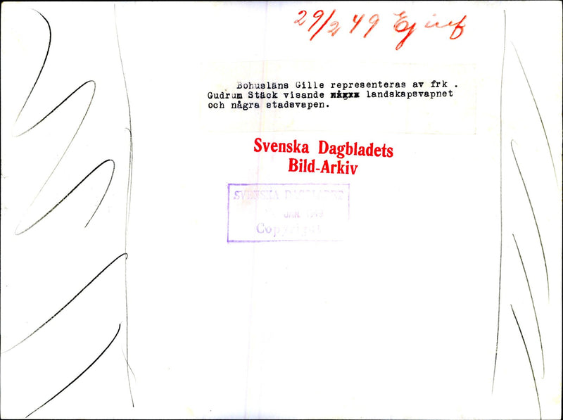 BohuslÃ¤ns guild represented by the Finnish Red Cross. Gudrun stack, showing landscapes weapon and some city arms. - 30 January 1949 - Vintage Photograph