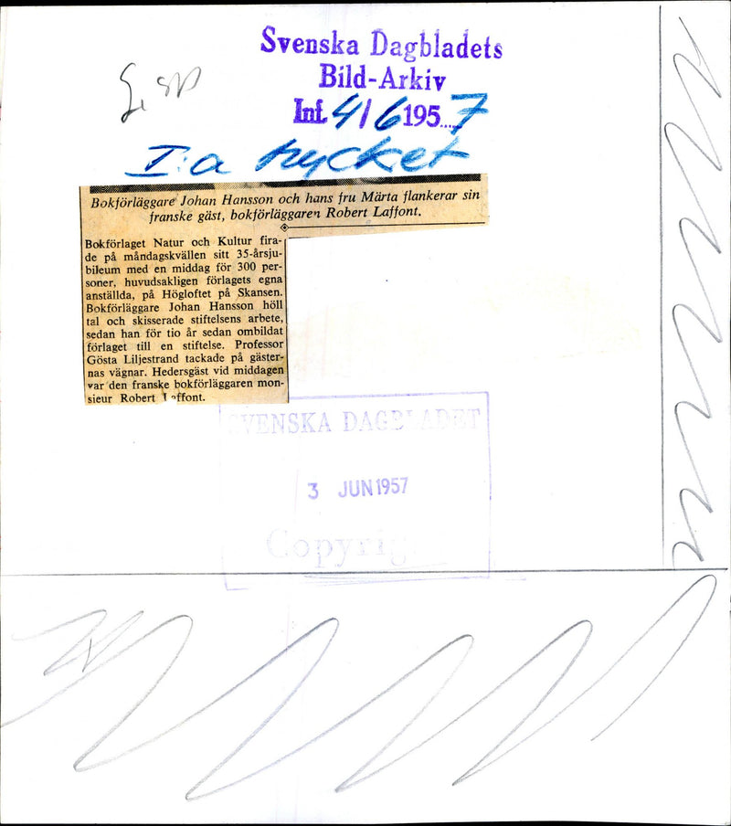 Book publishing Nature and Culture celebrates 35th anniversary. Johan Hansson and his wife MÃ¤rta flank his French guest, book publisher Robert Laffont - Vintage Photograph