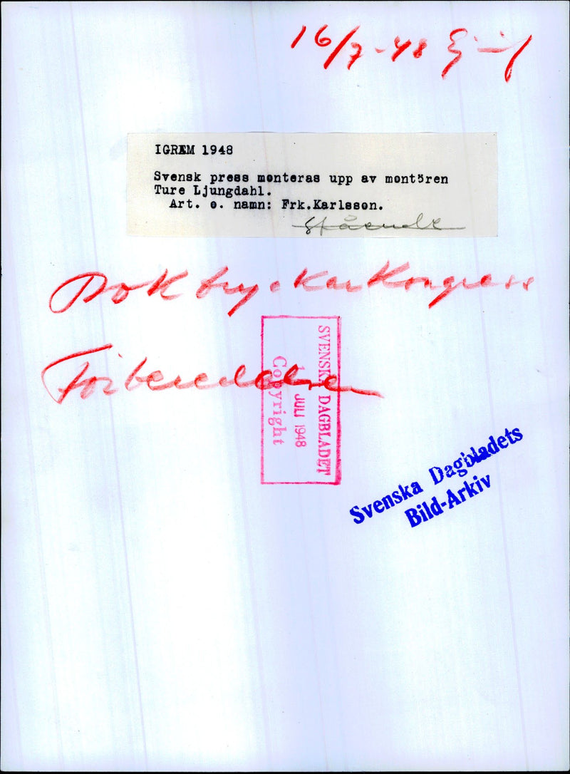 Boktryckarkongress. Swedish pressure mounted by the installer Signature Ljungdahl - 16 July 1948 - Vintage Photograph