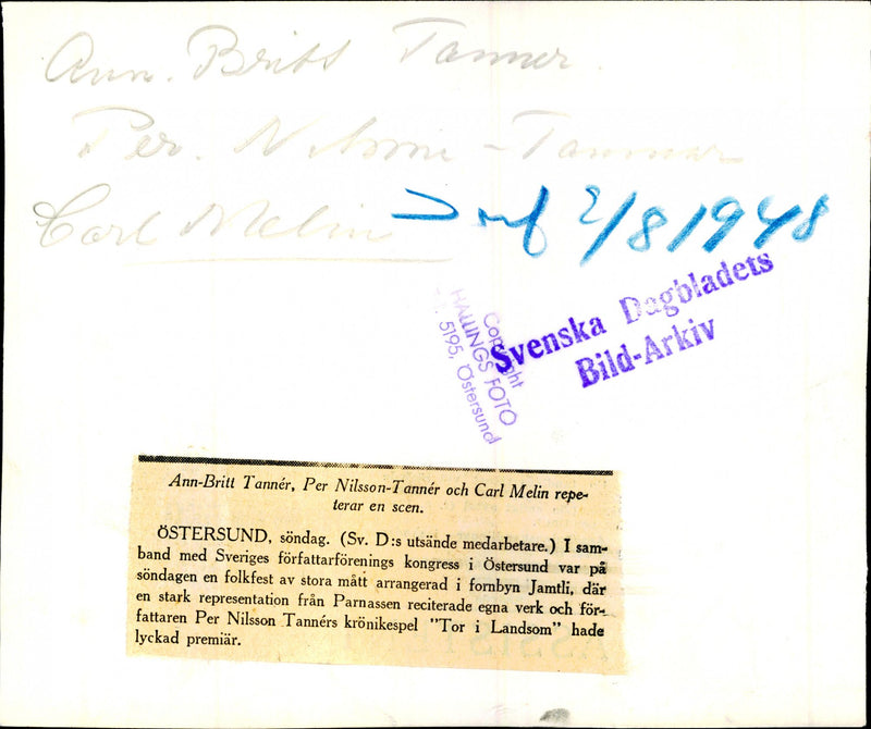 Rehearsal of a scene at the Swedish Writers Union Congress - 2 August 1948 - Vintage Photograph