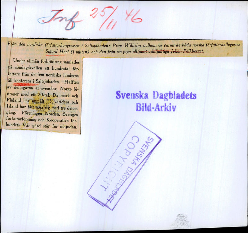 Writers Conference, SaltsjÃ¶baden, Prince Wilhelm, - 25 November 1946 - Vintage Photograph