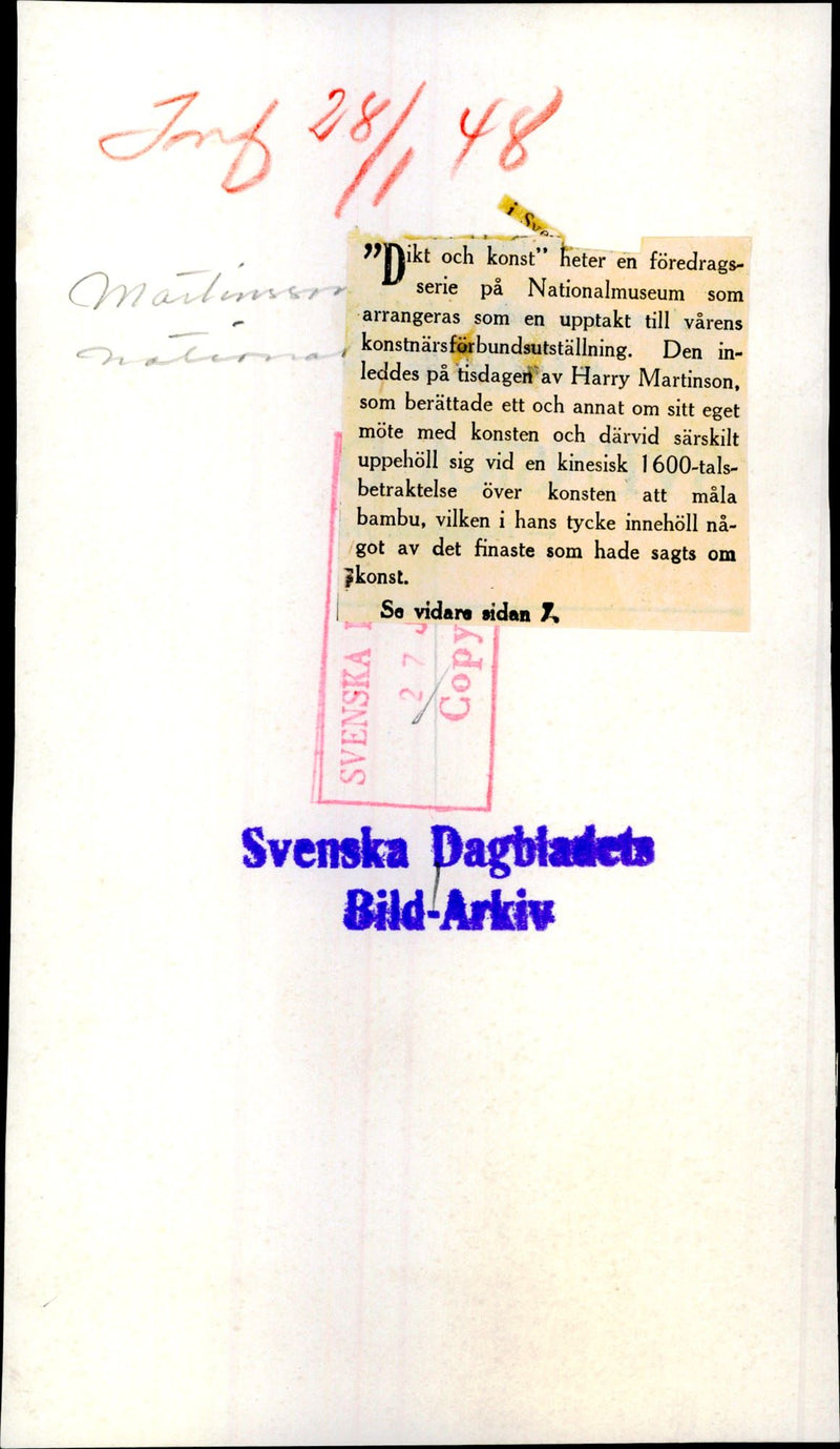 Harry Martinson speak at the lecture series "Poetry and art" in National Museum - 27 January 1948 - Vintage Photograph