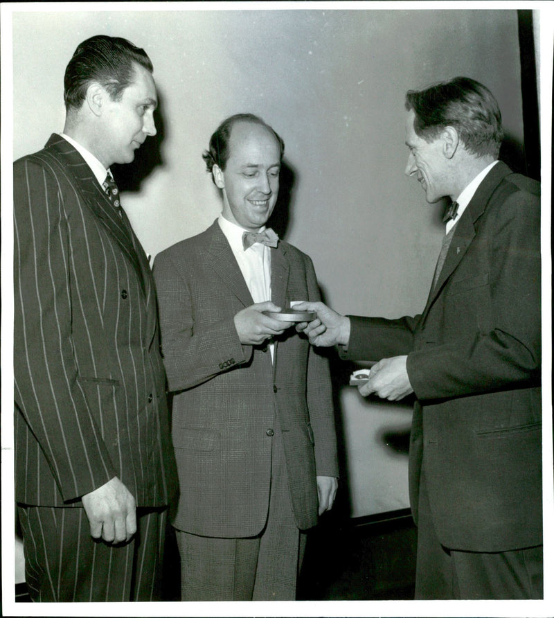 The contest Swedish Smalfilm 1958. Sven Sjostrom and Carl-Erik Emanuelson receive plaques of advertising manager Gerhard Minding - Vintage Photograph