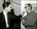 The gentlemen Sandh and Engstrom talk during intermission at the Writers' Society meeting - Vintage Photograph