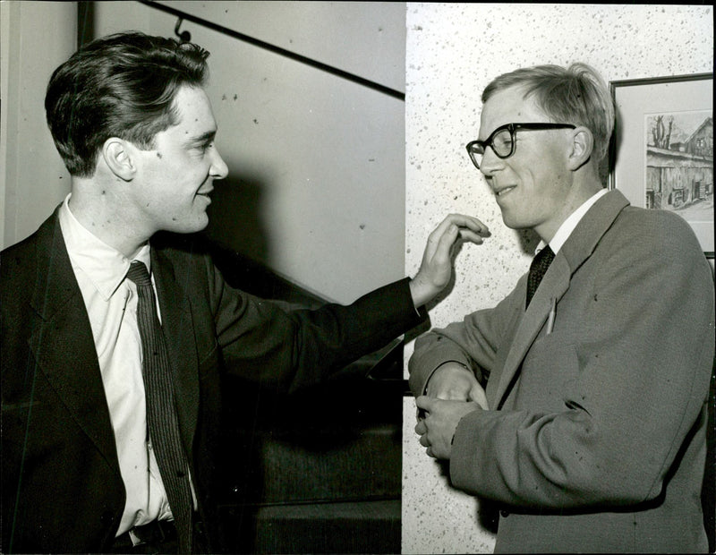 The gentlemen Sandh and Engstrom talk during intermission at the Writers' Society meeting - Vintage Photograph