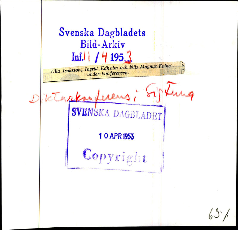 Ulla Isaksson, Ingrid Edholm and Nils Magnus Folke conference on the poet. - Vintage Photograph