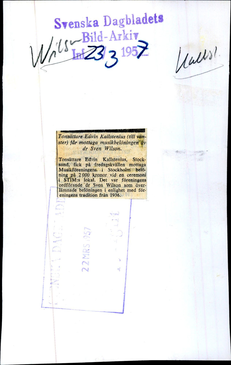 Music Association in Stockholm Reward. Conspiracy Edvin Kallstenius receives the music reward of Dr Sven Wilson - Vintage Photograph