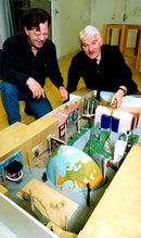 Hasse Alfredsson and Pelle Johansson with the model of the Swedish exhibition in Seville - Vintage Photograph