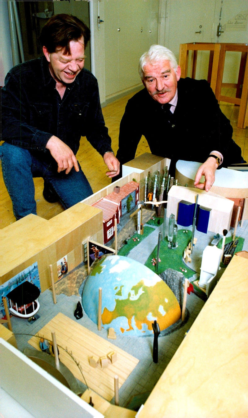 Hasse Alfredsson and Pelle Johansson with the model of the Swedish exhibition in Seville - Vintage Photograph